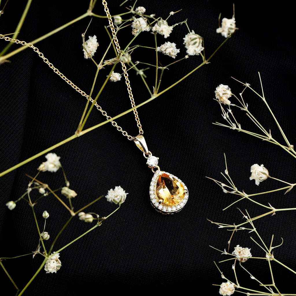Certified 2 Carat Citrine Teardrop Pendant Necklace with Diamond Halo