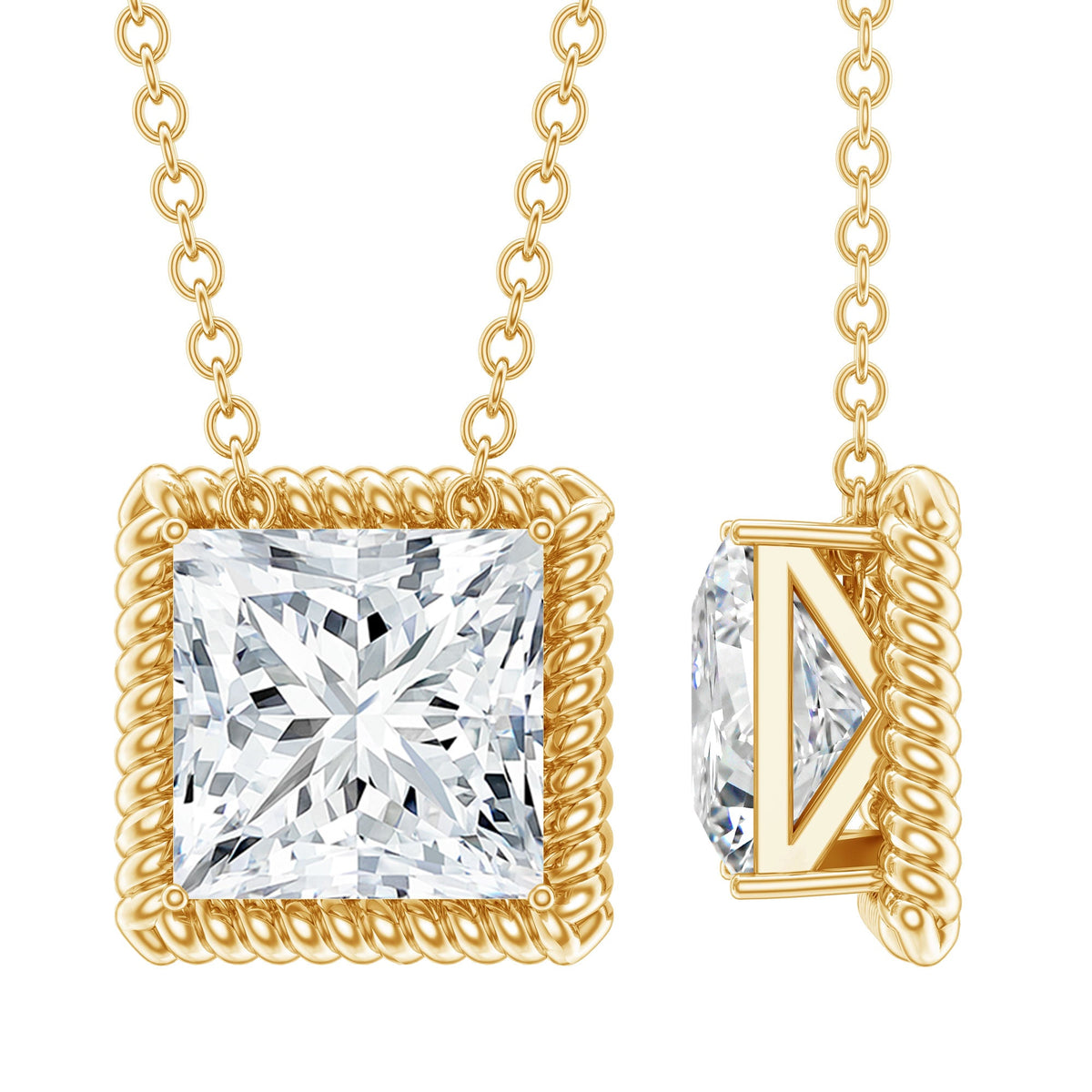 2 Carat Princess Cut Moissanite Solitaire Necklace with Rope Frame