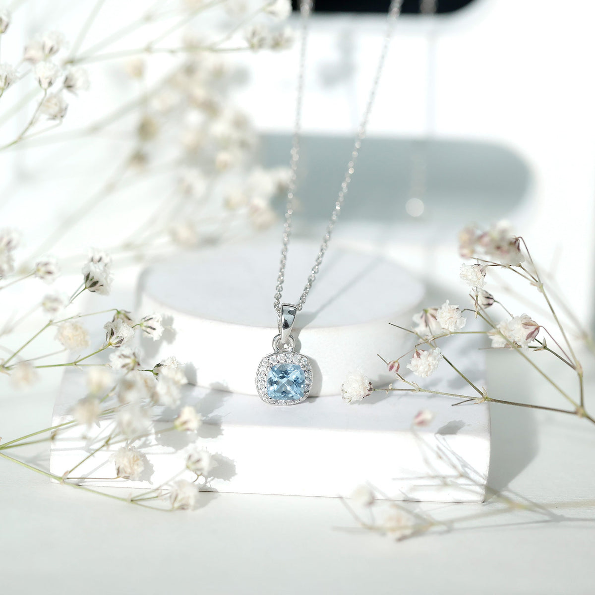 Natural Sky Blue Topaz Birthstone Necklace With Silver Chain