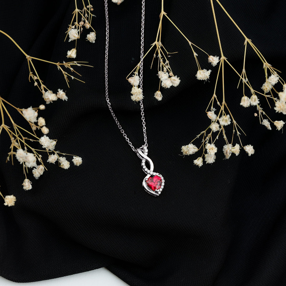 1 Carat Lab Grown Ruby Heart and Infinity Necklace with Silver Chain