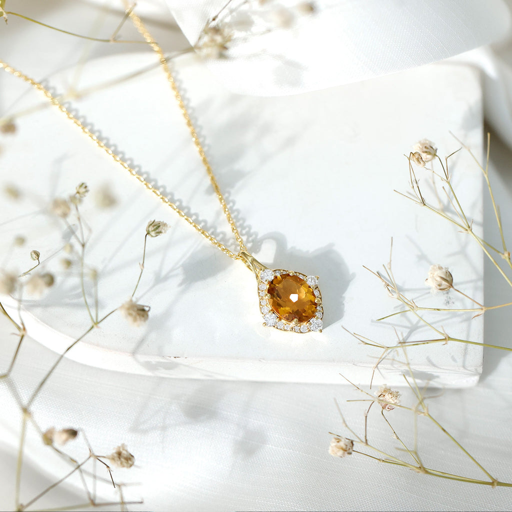 Genuine 2.5 Carat Citrine Diamond Vintage Necklace with Silver Chain