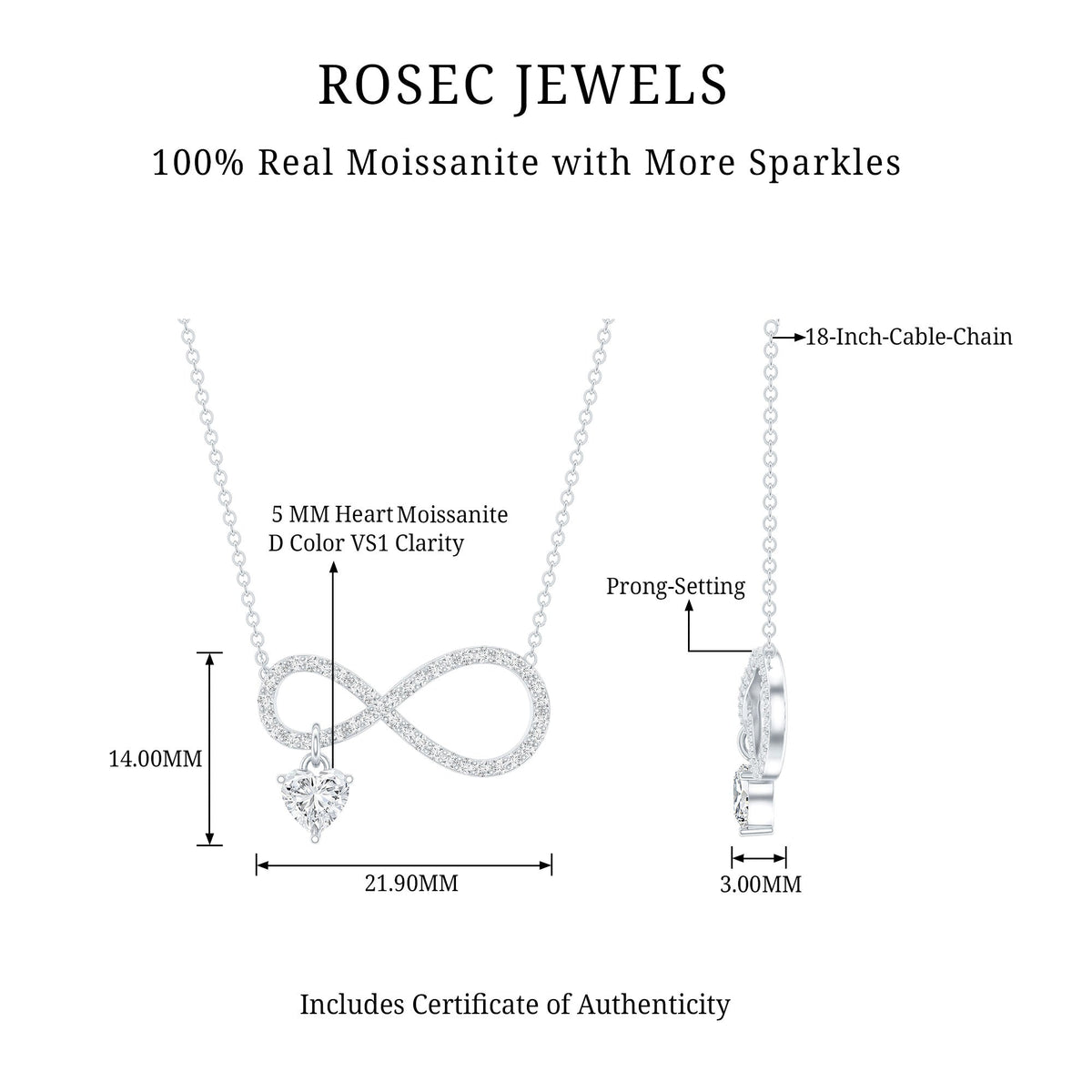 Sterling Silver Moissanite Infinity Necklace with Heart Charm