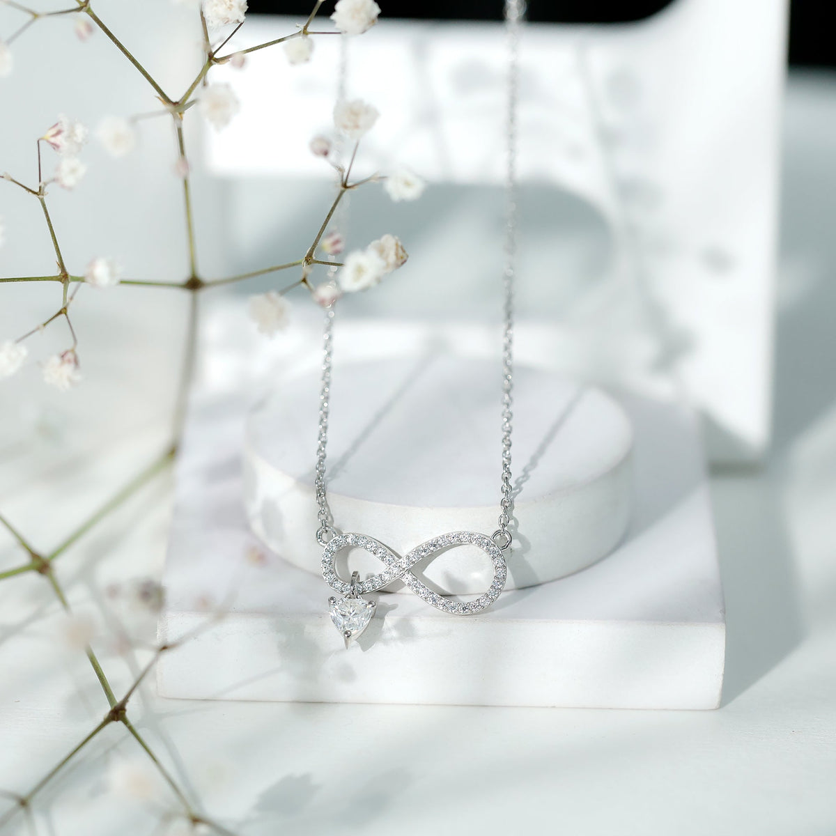 Sterling Silver Moissanite Infinity Necklace with Heart Charm