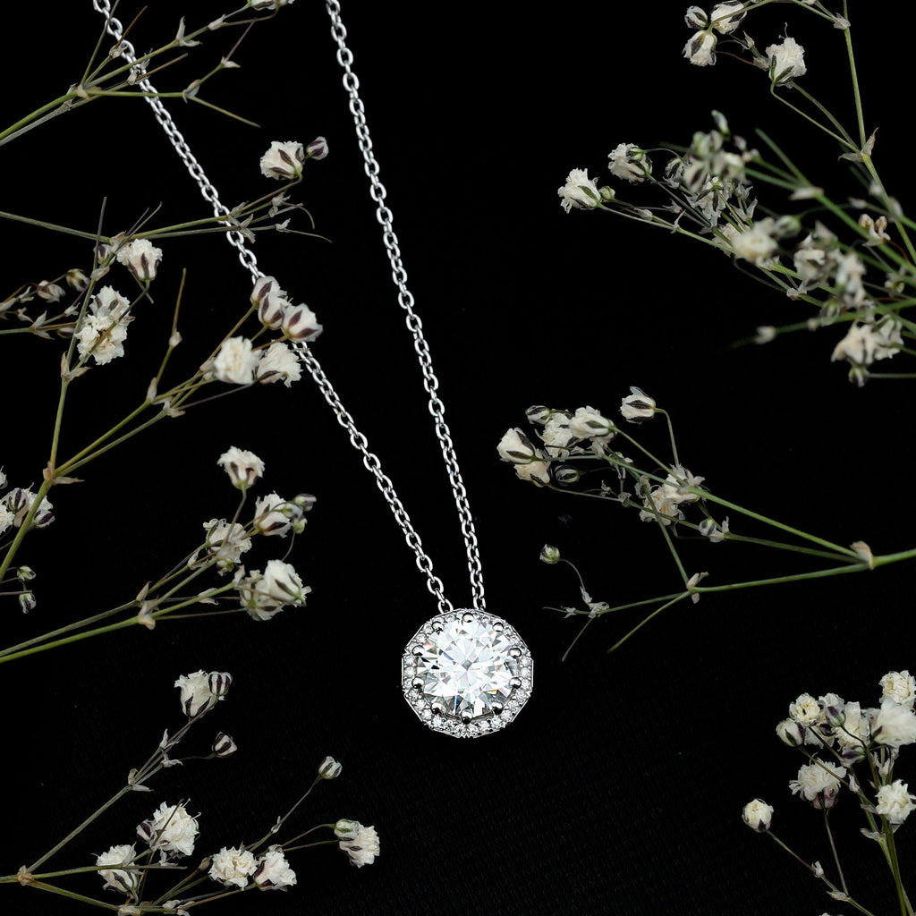 Certified 2 Carat Round Moissanite Designer Necklace with Silver Chain