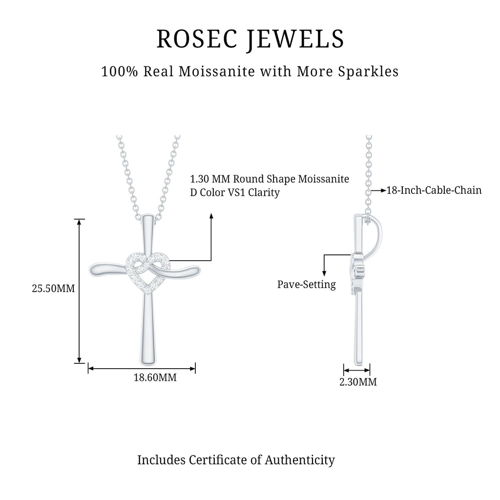Certified Moissanite Cross Heart Pendant Necklace with Silver Chain