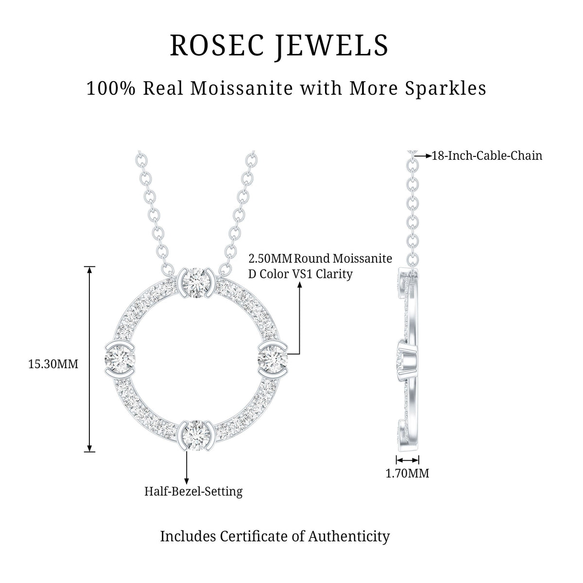 Sterling Silver Moissanite Eternity Necklace With Chain