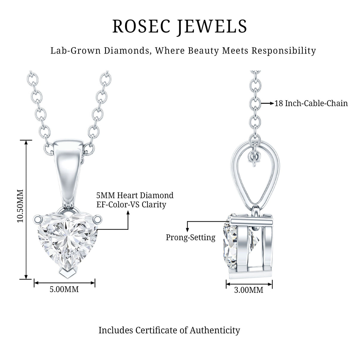 Certified 0.5 Carat Lab Grown Diamond Heart Necklace With Silver Chain
