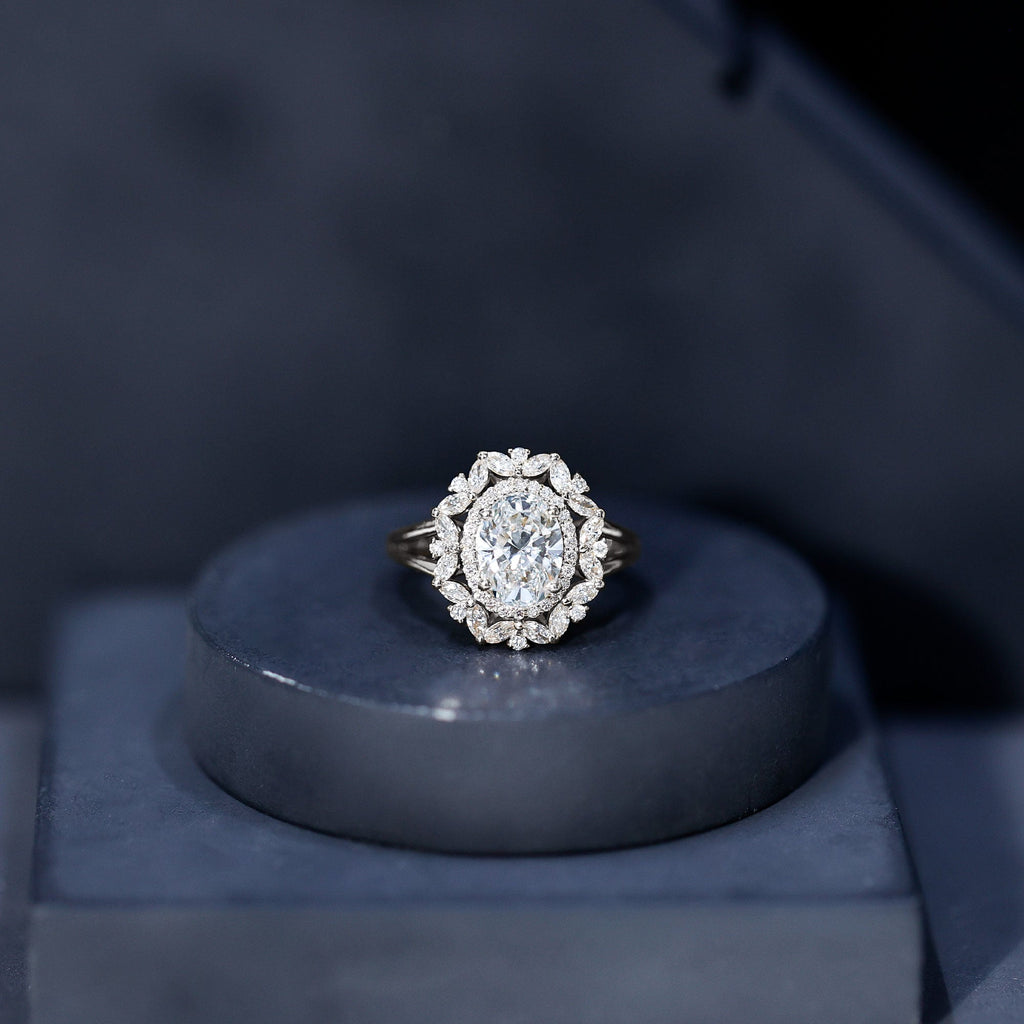 Oval Cut 2 Carat Moissanite Double Halo Engagement Ring
