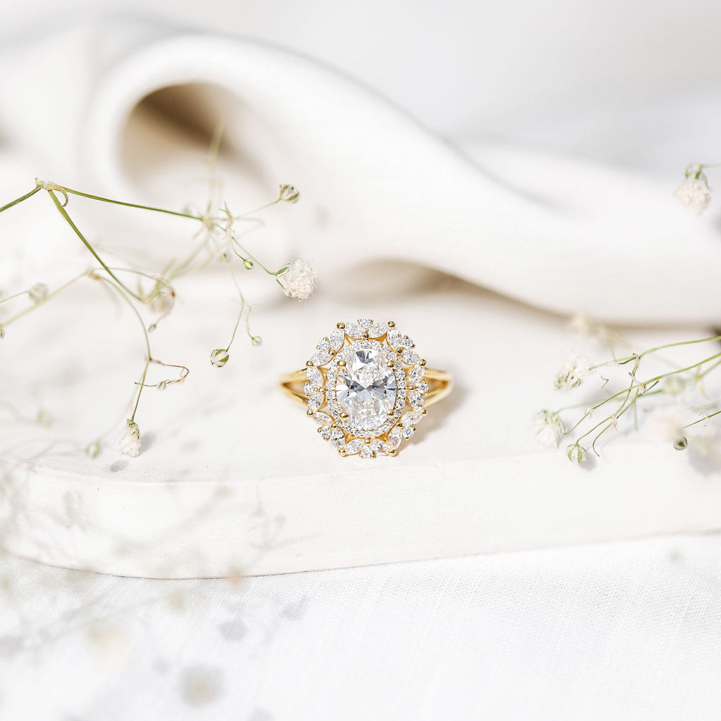 Oval Cut 2 Carat Moissanite Double Halo Engagement Ring