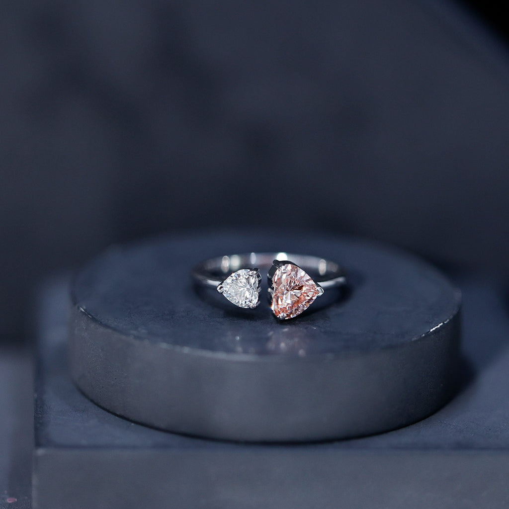 Heart Shape Lab Grown Pink White Diamond Toi Et Moi Promise Ring with IGI Certificate