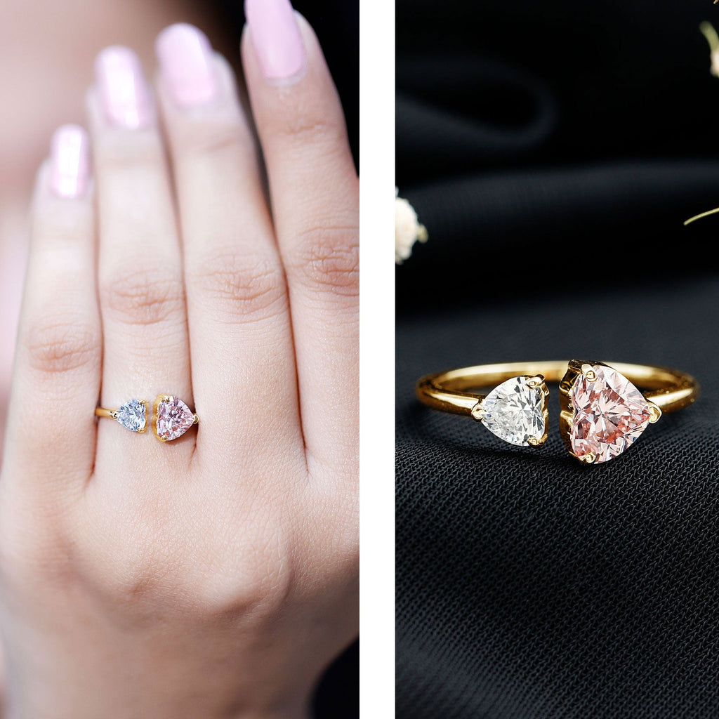Heart Shape Lab Grown Pink White Diamond Toi Et Moi Promise Ring with IGI Certificate