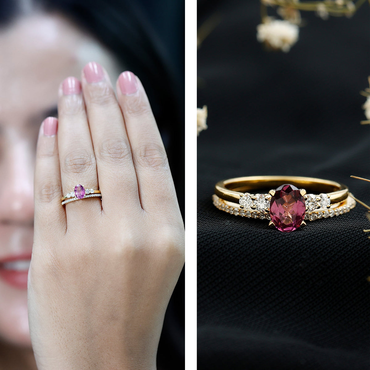 Genuine Rhodolite Oval Engagement Ring with Diamond Wedding Band