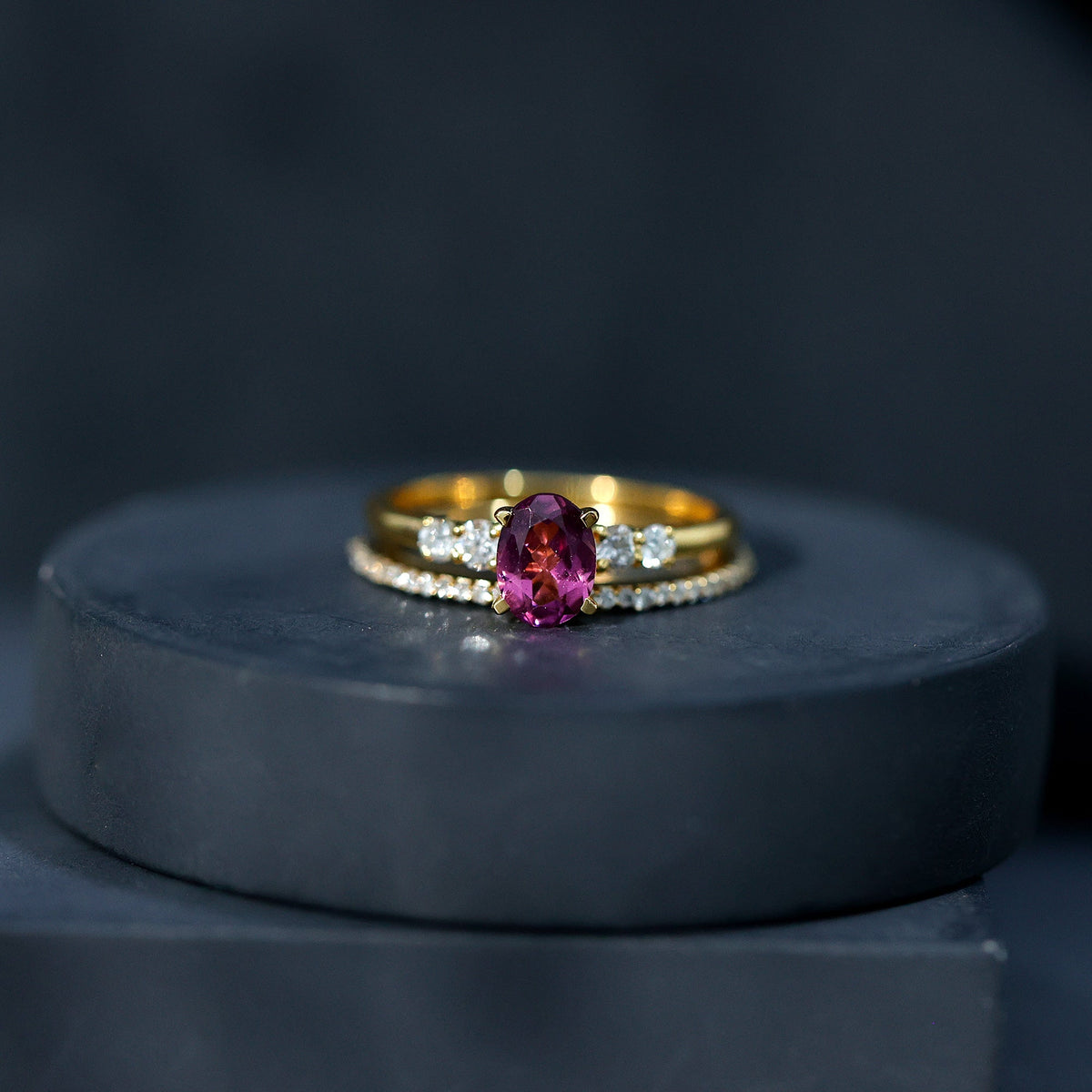 Genuine Rhodolite Oval Engagement Ring with Diamond Wedding Band