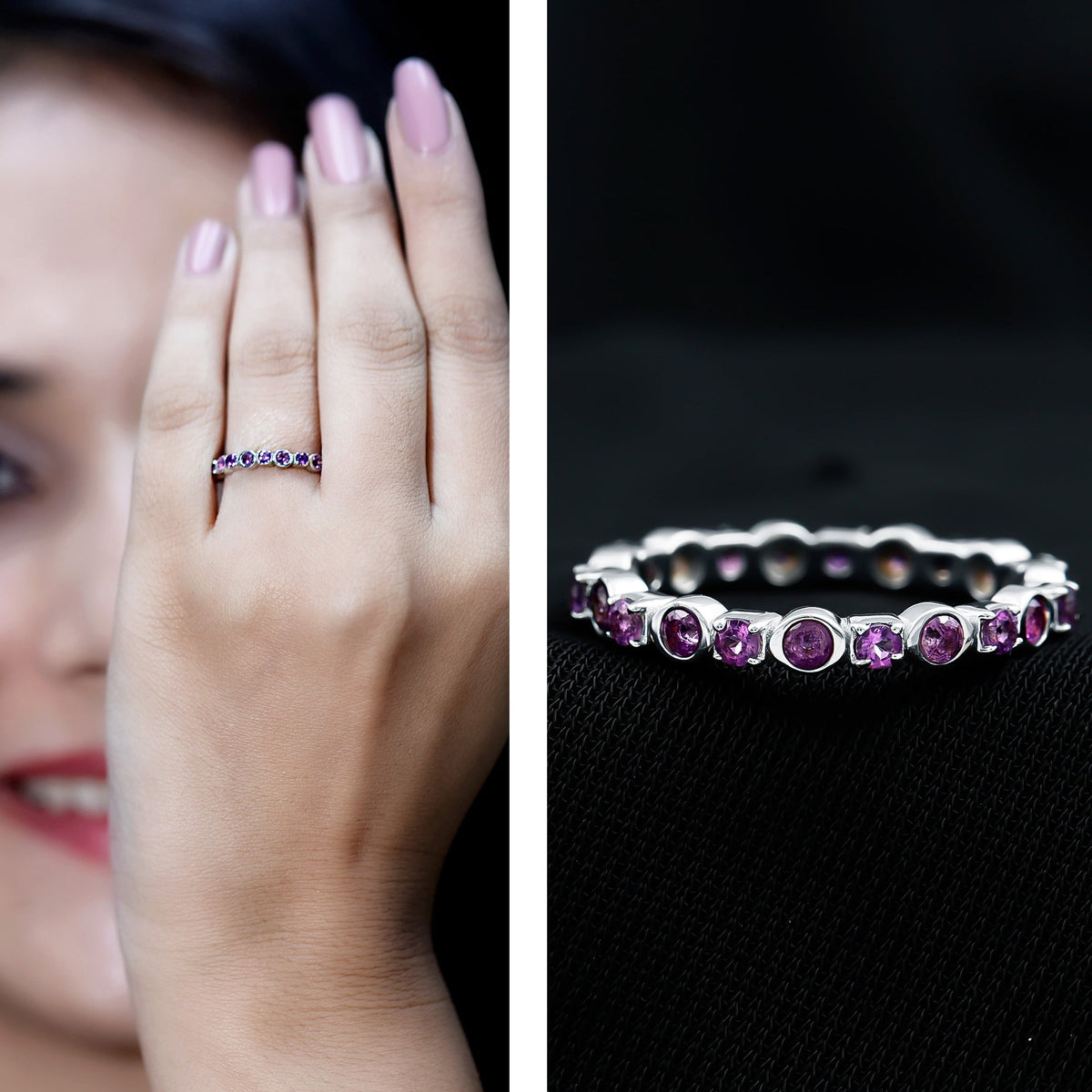 Natural Amethyst Eternity Wedding Band in Gold Plated Silver
