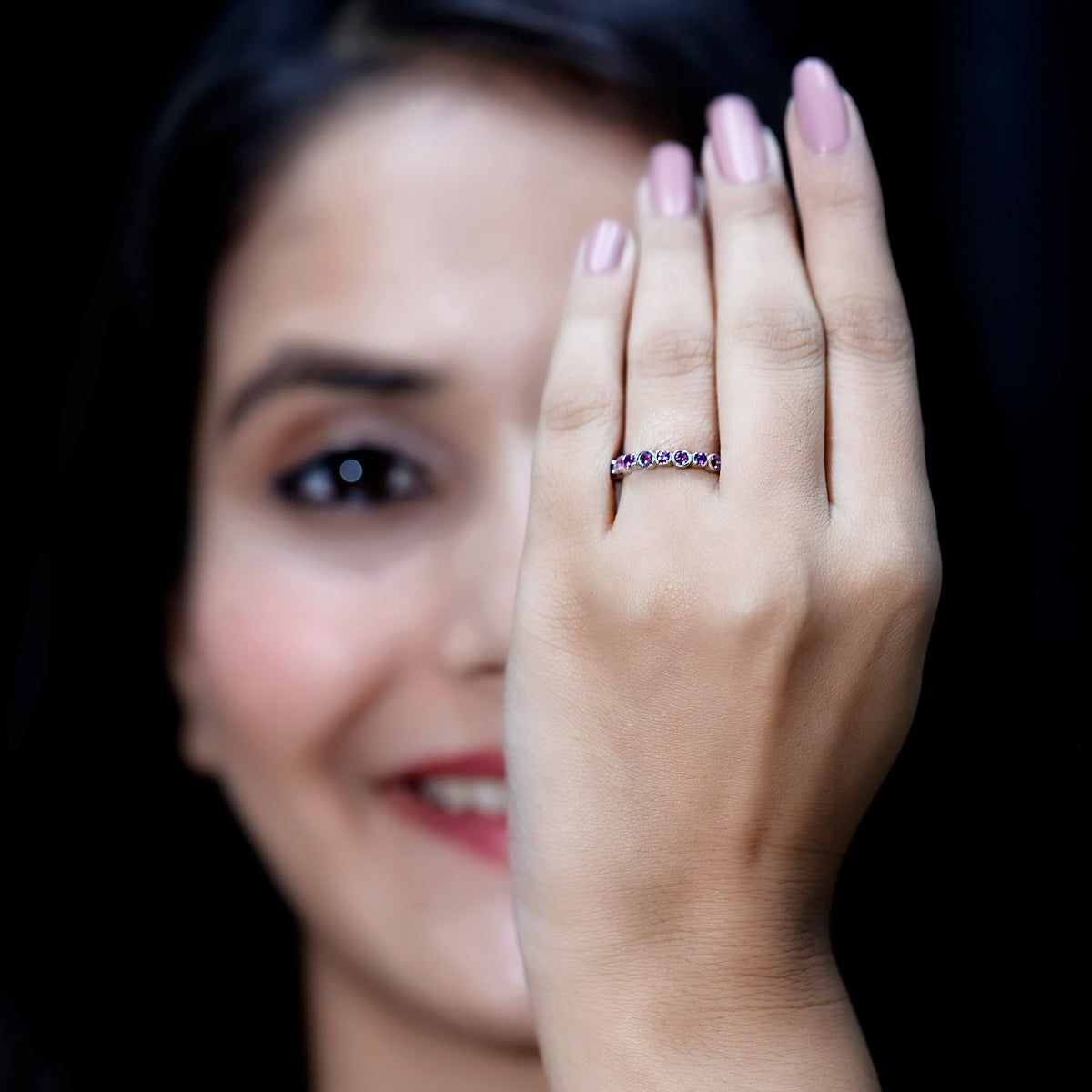 Natural Amethyst Eternity Wedding Band in Gold Plated Silver