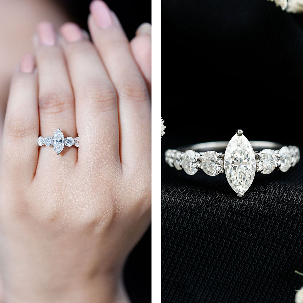 Lab Created Diamond Marquise Engagement Ring With Side Stones