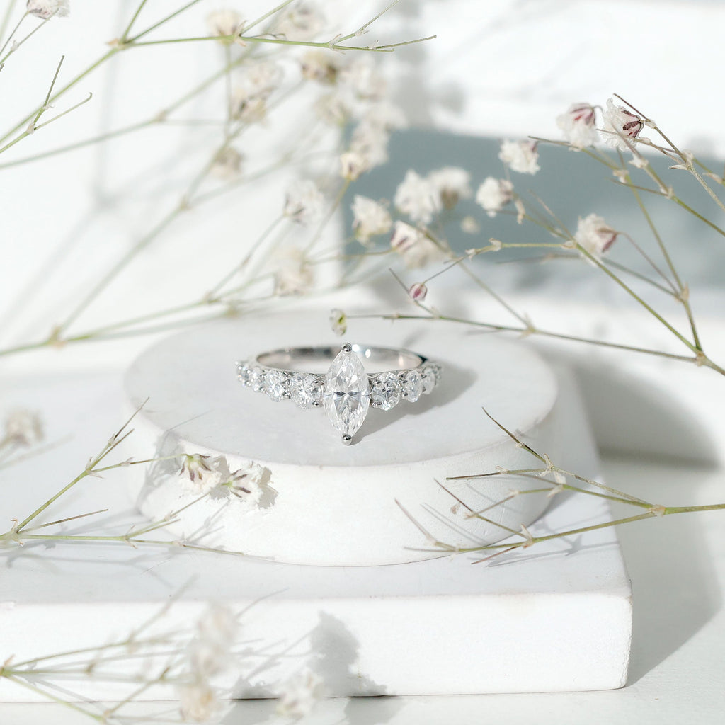 Lab Created Diamond Marquise Engagement Ring With Side Stones