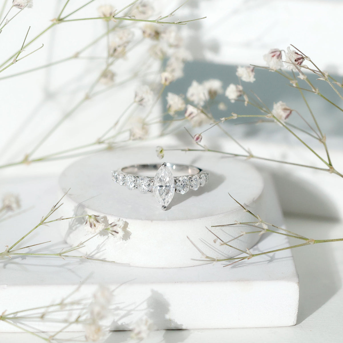 Lab Created Diamond Marquise Engagement Ring With Side Stones
