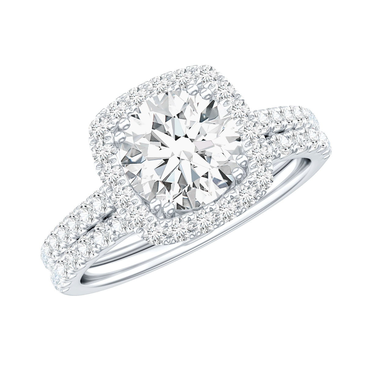 Lab Grown 2 Carat Diamond Halo Engagement Ring with Wedding Band