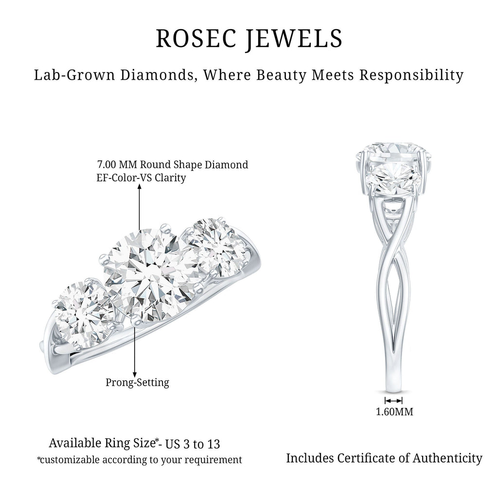 Lab Grown Diamond Three Stone Engagement Ring with Crossover Shank