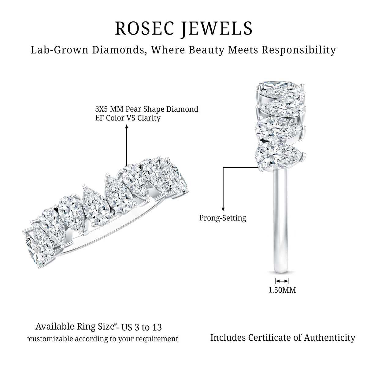 Pear Cut Lab Created Diamond Half Eternity Wedding Band
