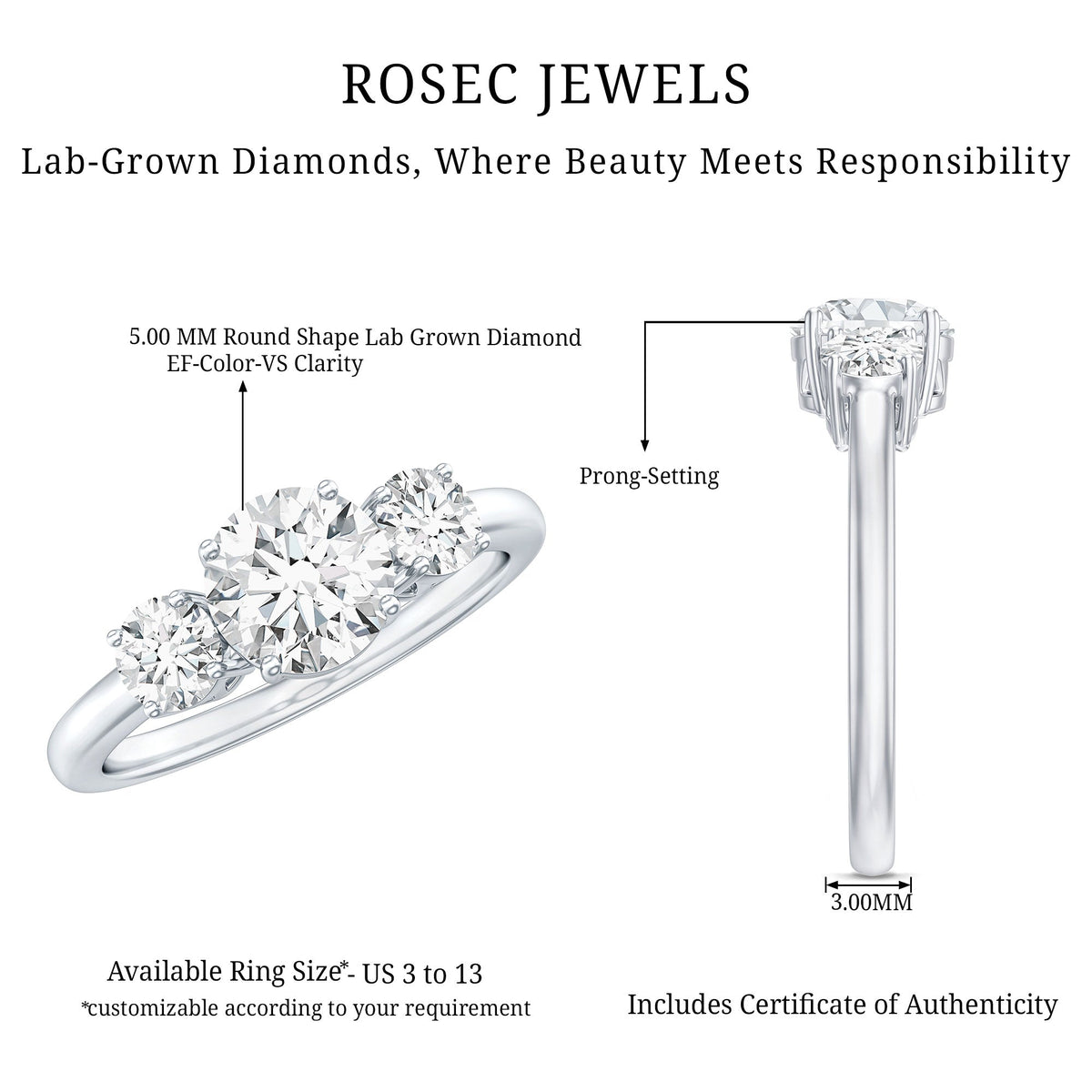 Certified Lab Grown Diamond Three Stone Engagement Ring for Her