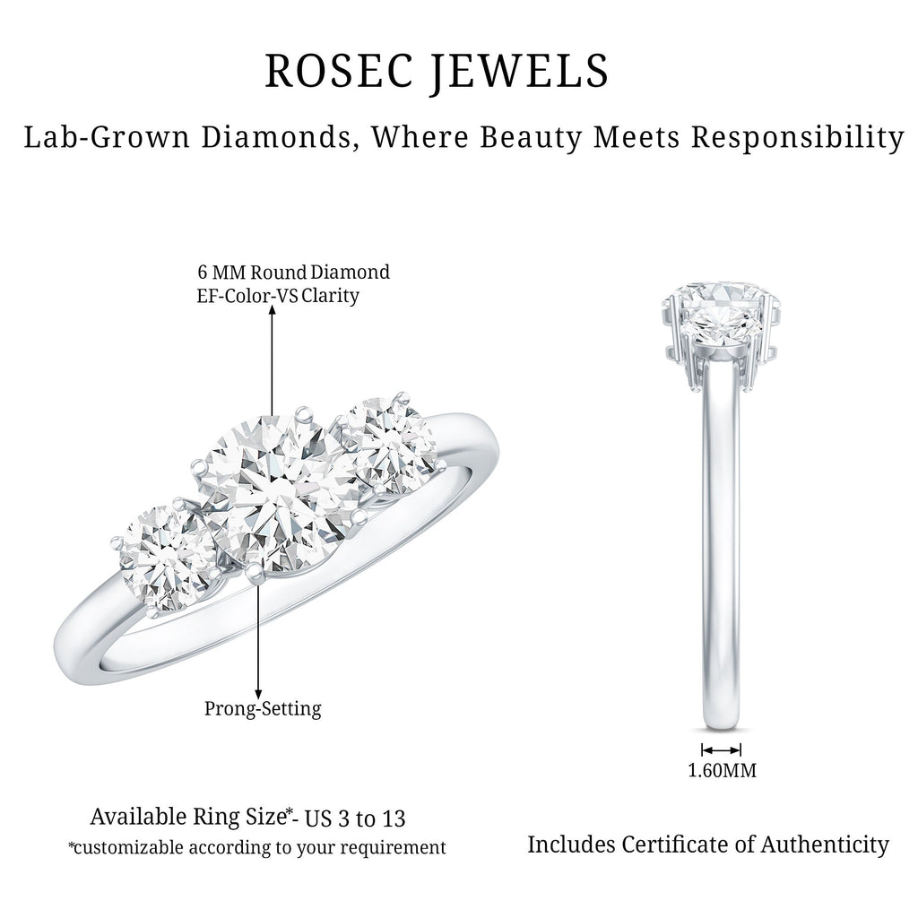 Round Cut Lab Grown Diamond 3 Stone Ring For Women