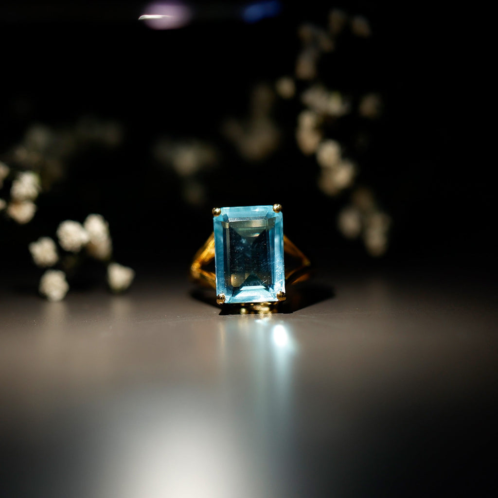Certified 9 Carat Aquamarine Emerald Cut Engagement Ring in Yellow Gold Plated Silver