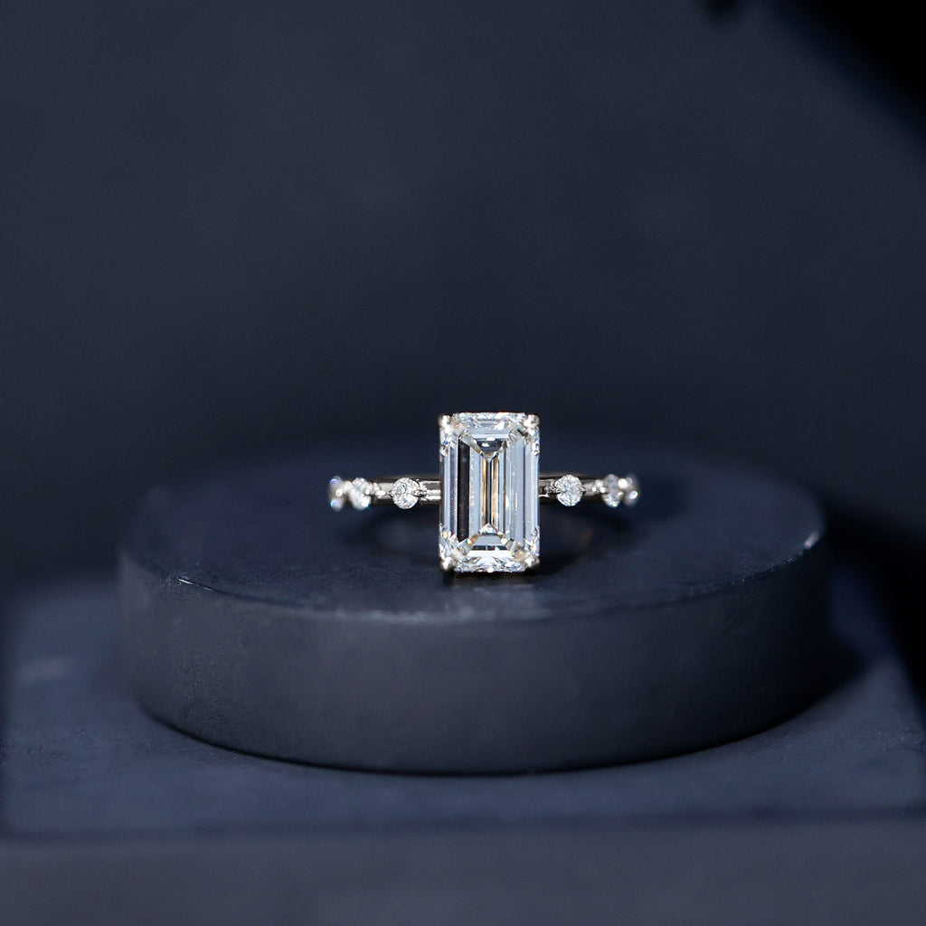 IGI Certified 4 Carat Lab Grown Emerald Cut Diamond Engagement Ring with Spaced Accent