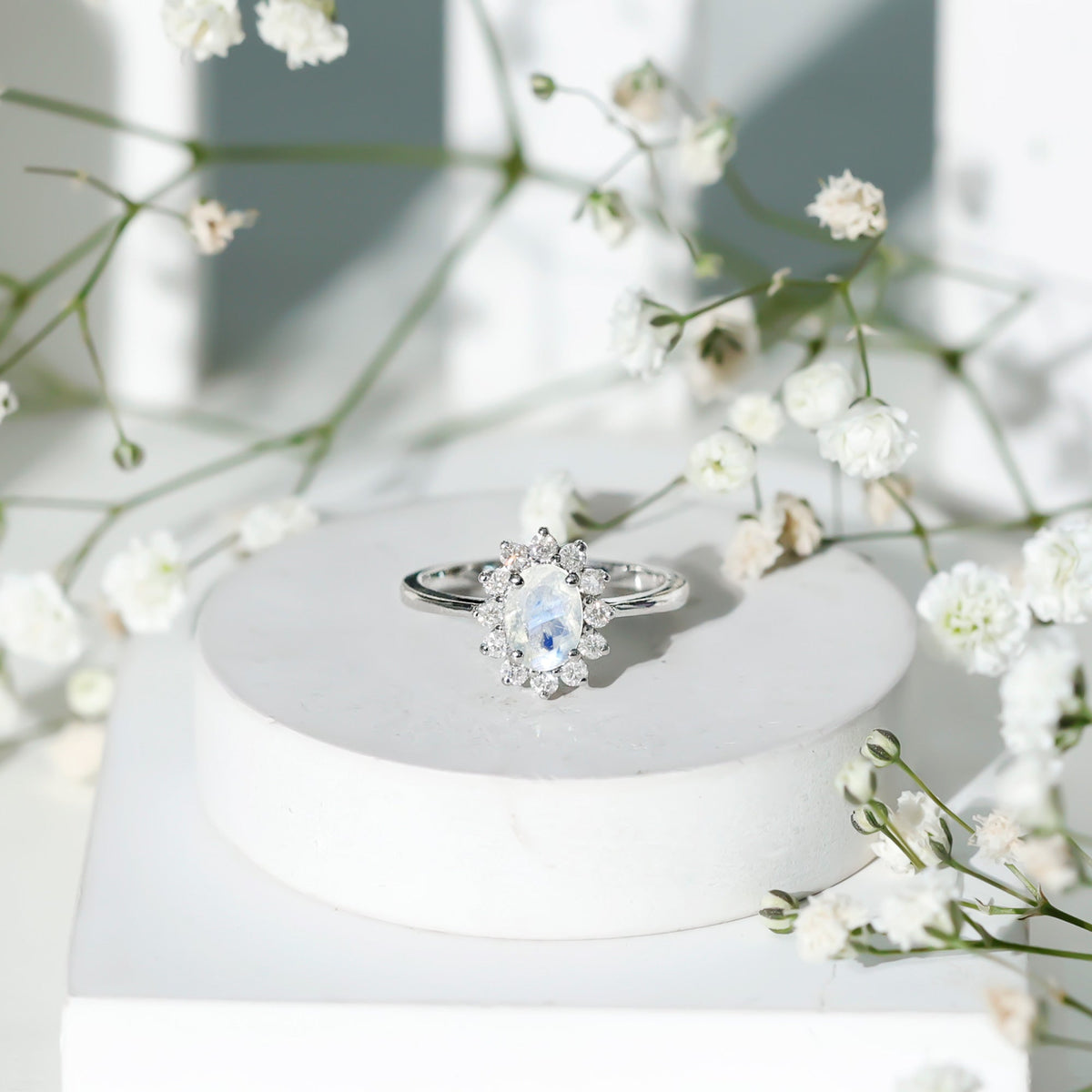 Natural 1 Carat Oval Cut Moonstone and Diamond Engagement Ring