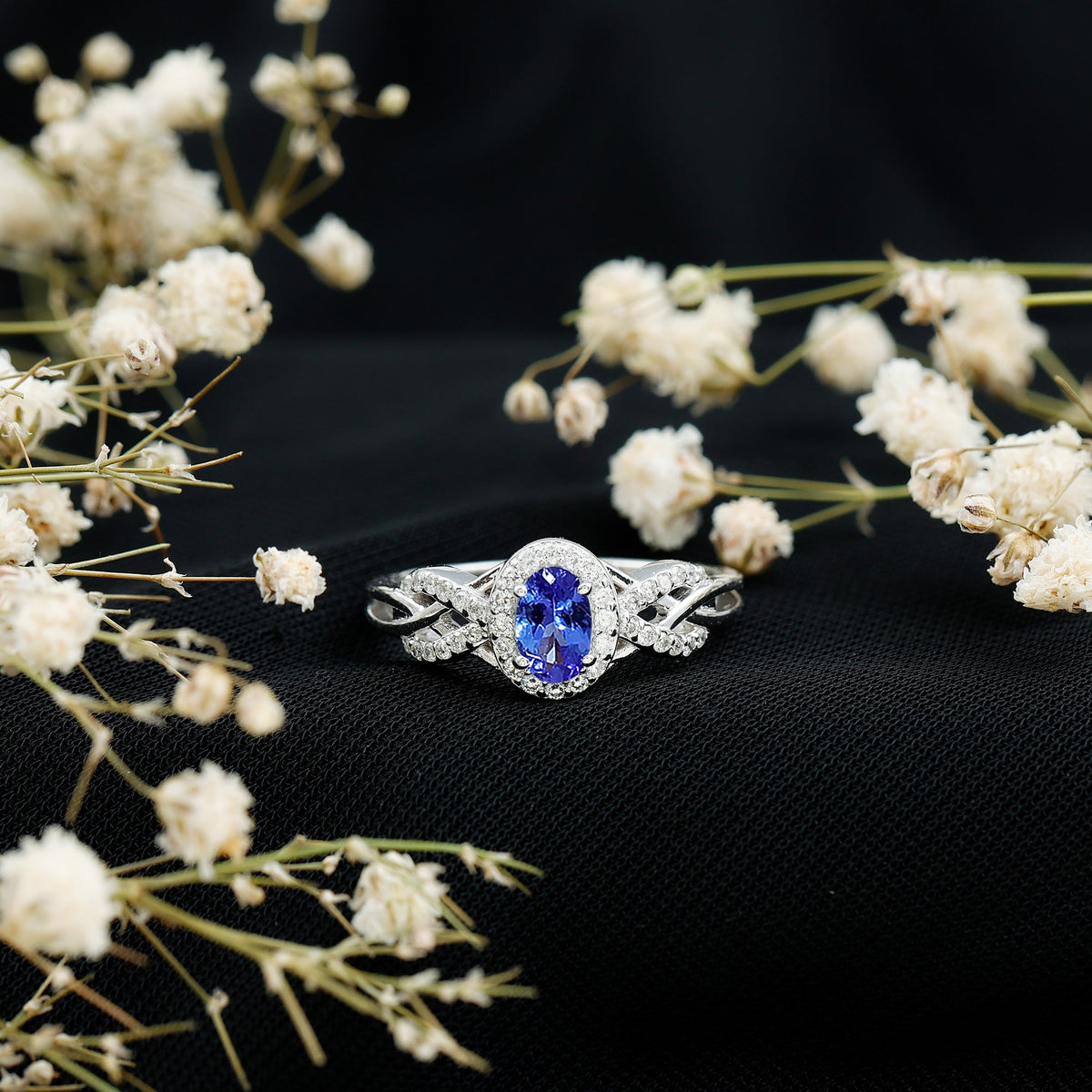 Real Tanzanite and Diamond Engagement Ring with Criss Cross Shank