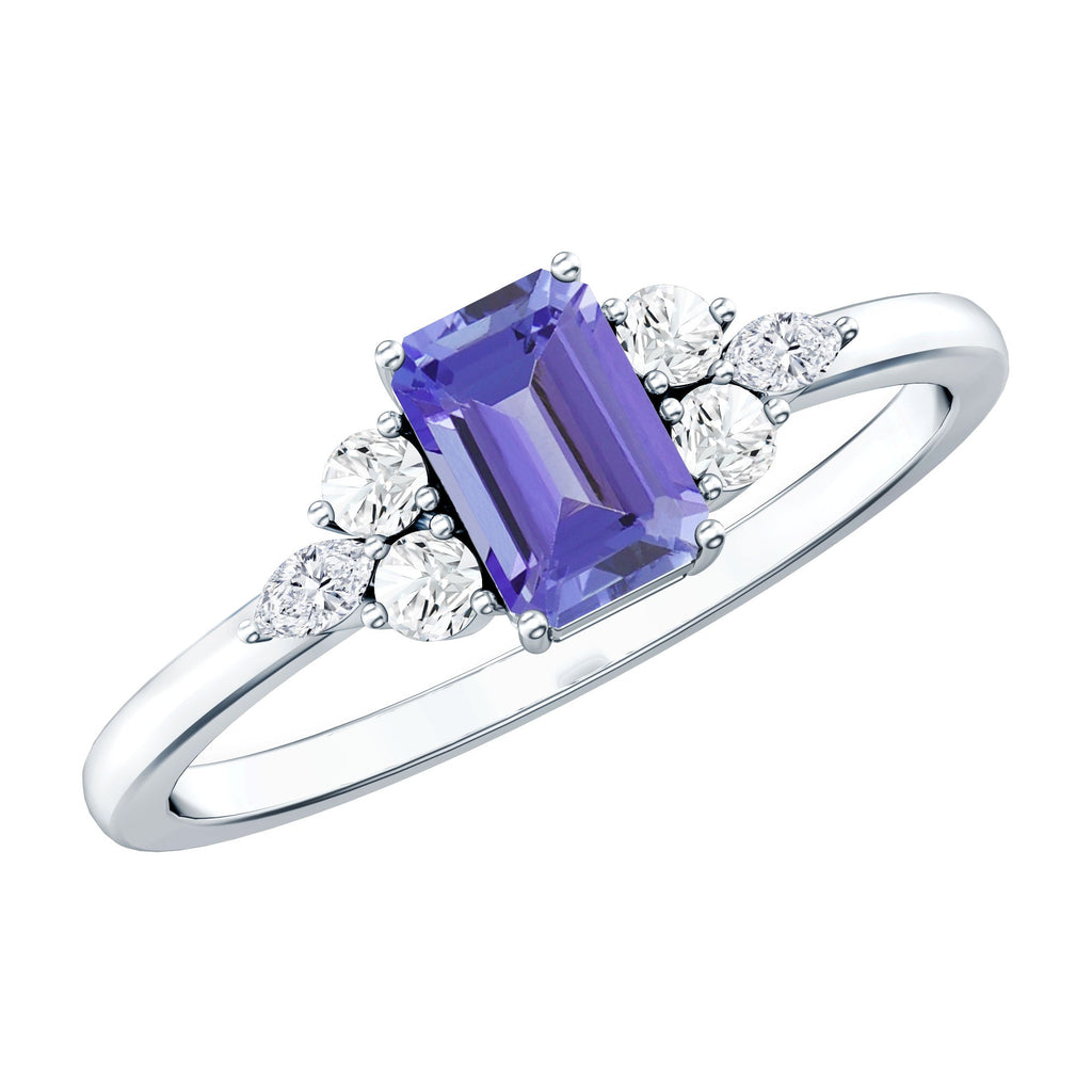 Genuine Tanzanite and Diamond Emerald Cut Engagement Ring in Silver