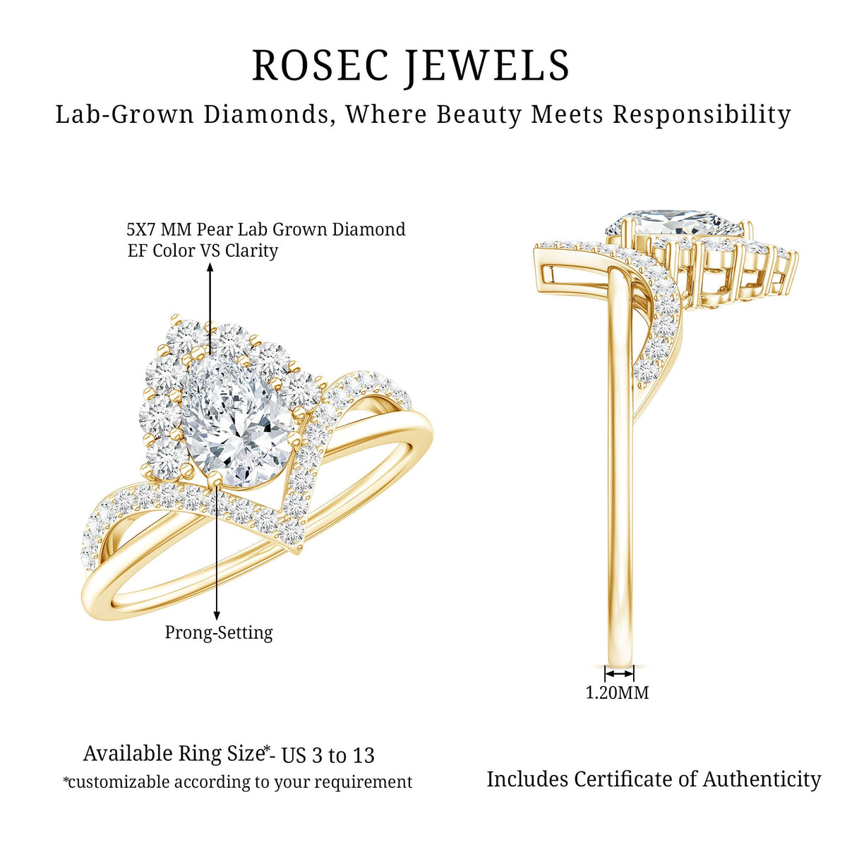 Pear Cut 0.6 Carat Lab Grown Diamond Designer Engagement Ring