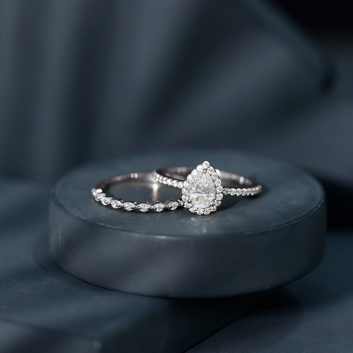 Lab Created Diamond Teardrop Engagement Ring With Stackable Band