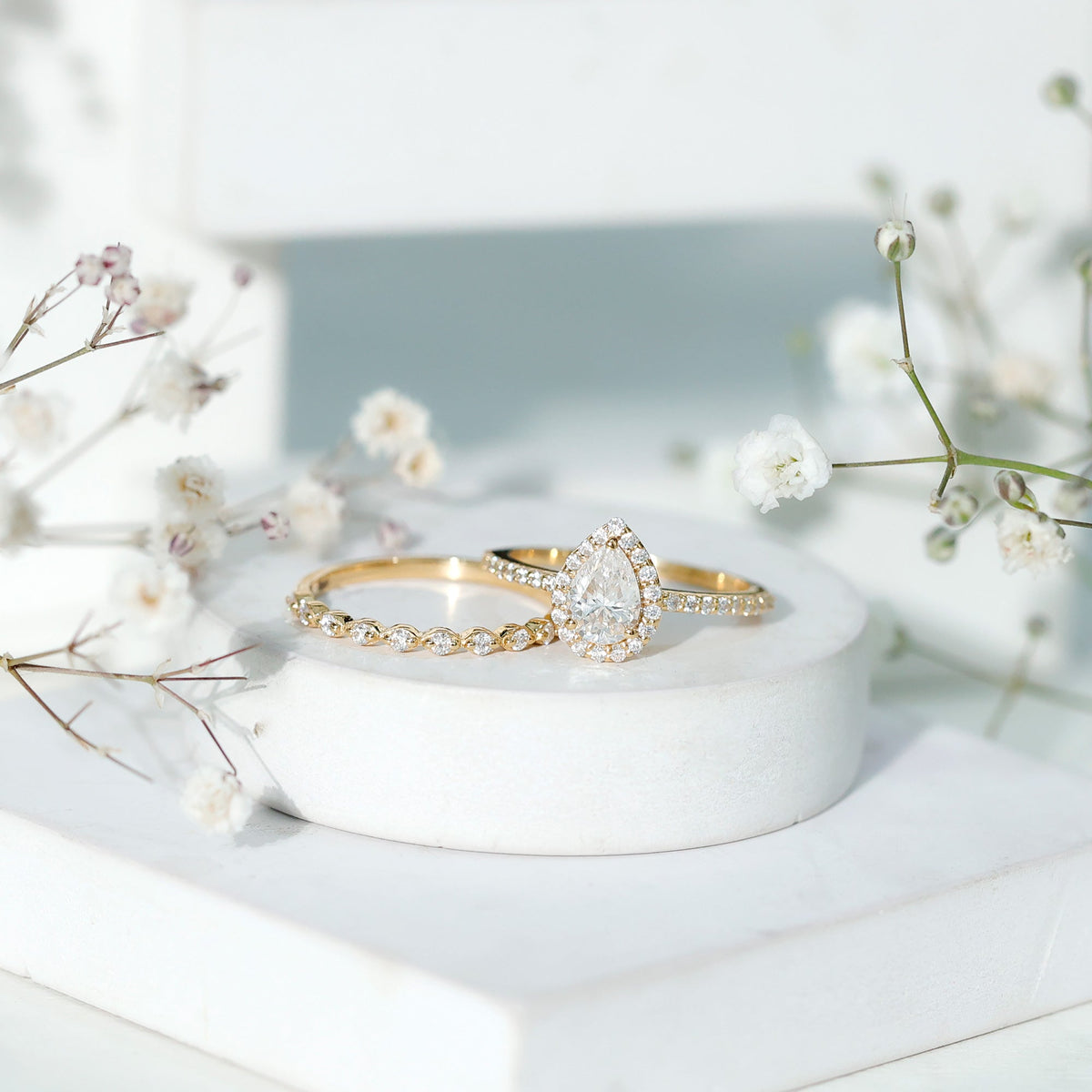 Lab Created Diamond Teardrop Engagement Ring With Stackable Band
