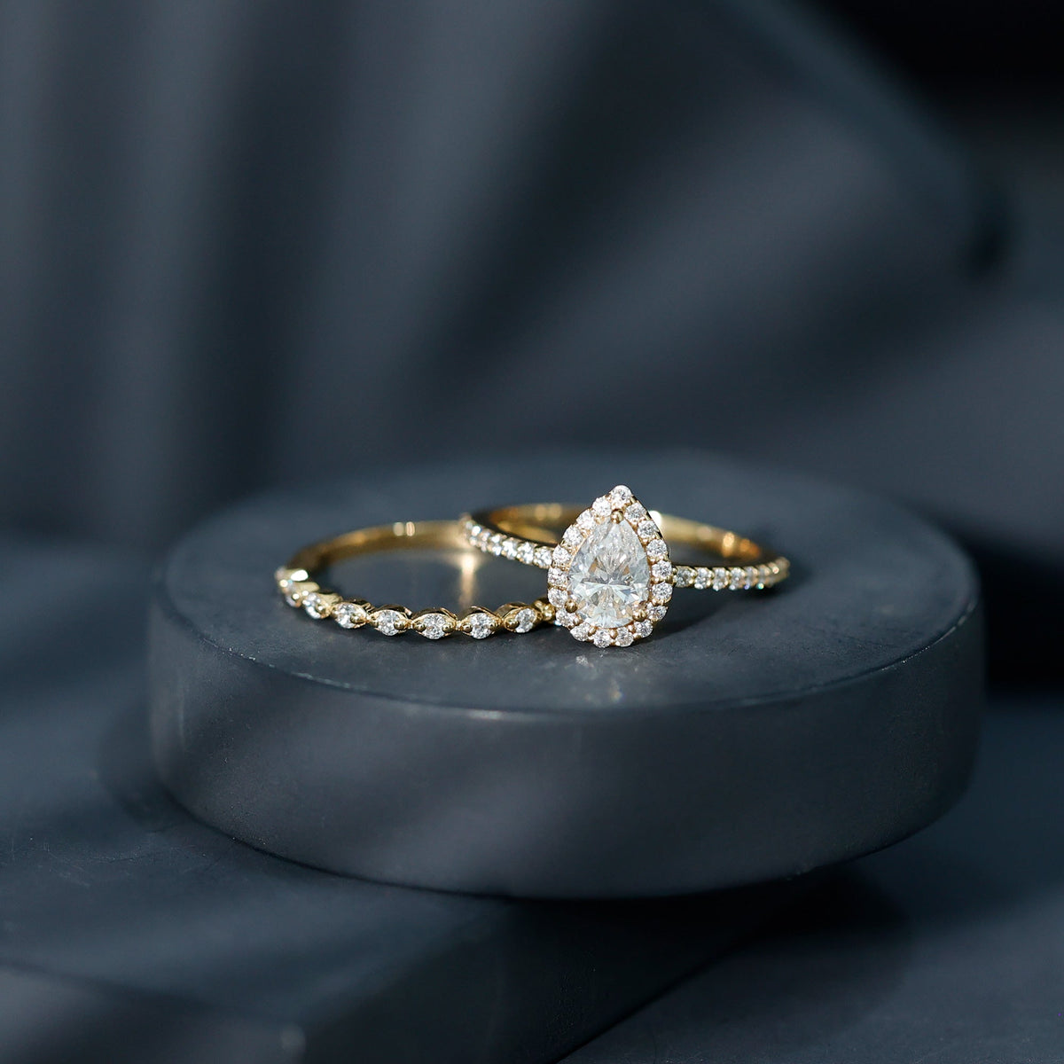 Lab Created Diamond Teardrop Engagement Ring With Stackable Band