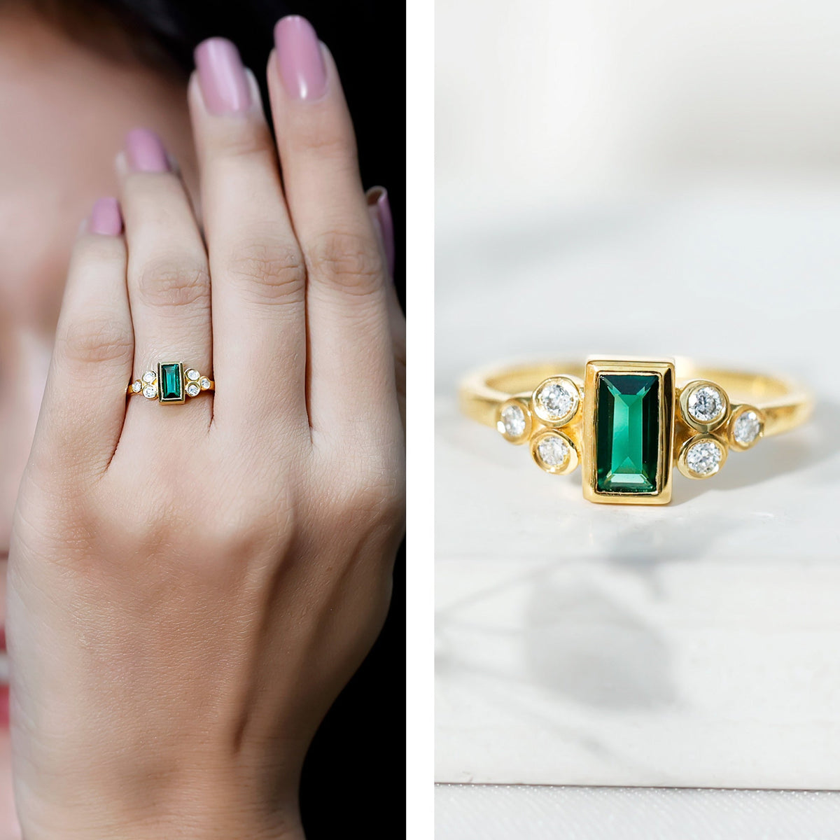 Bezel Set Lab Grown Emerald and Diamond Pre Engagement Ring
