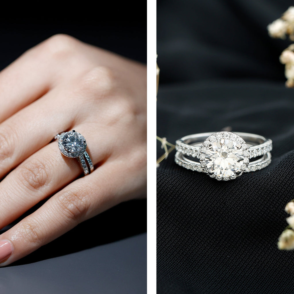 Certified Lab Grown Diamond Halo Ring With Wedding Band
