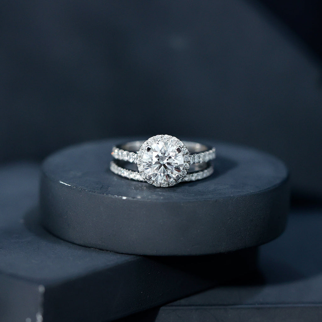 Certified Lab Grown Diamond Halo Ring With Wedding Band