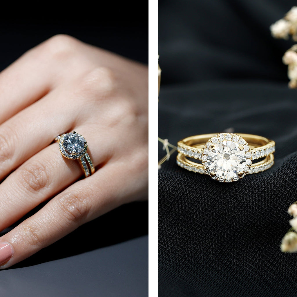 Certified Lab Grown Diamond Halo Ring With Wedding Band