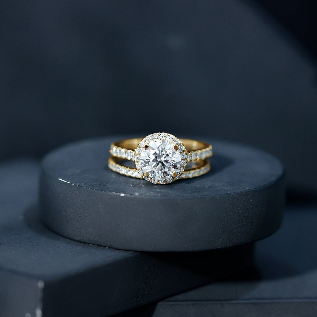 Certified Lab Grown Diamond Halo Ring With Wedding Band