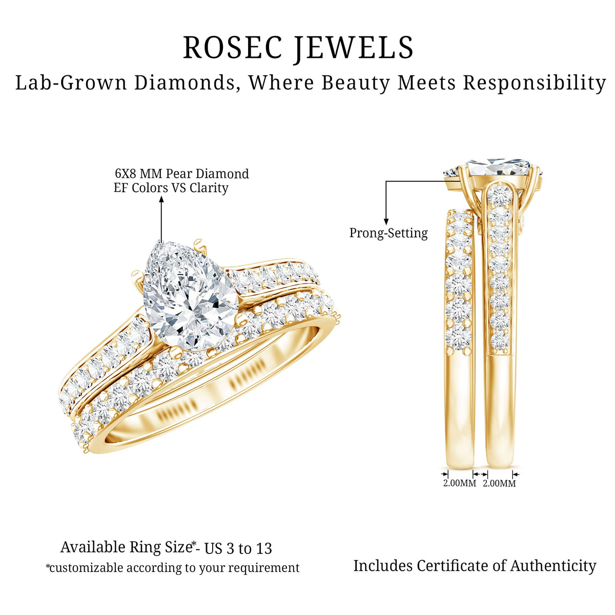 Pear Cut 1.3 Carat Lab Grown Diamond Marriage Ring Set for Women