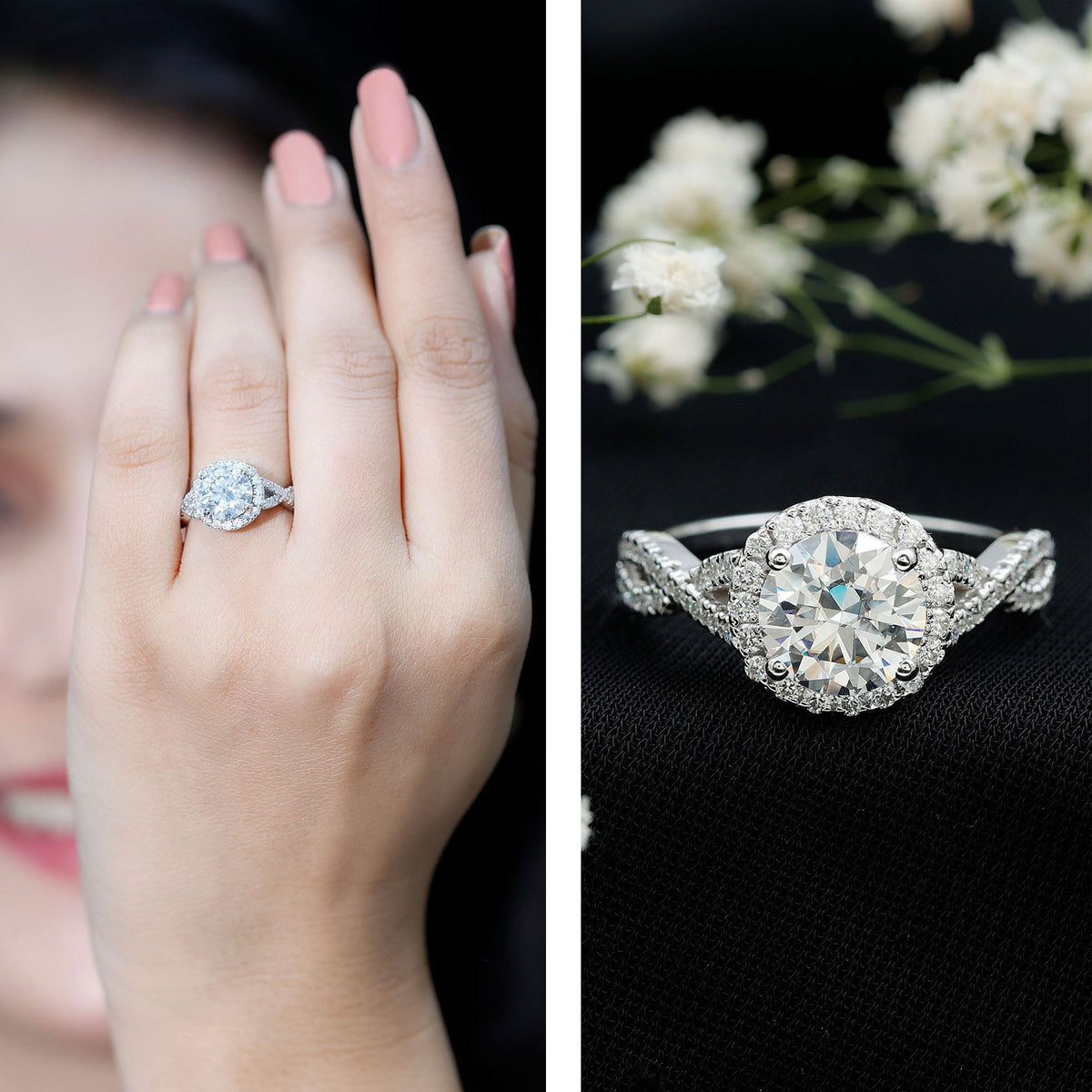 Criss Cross Lab Grown Diamond Halo Engagement Ring For Women