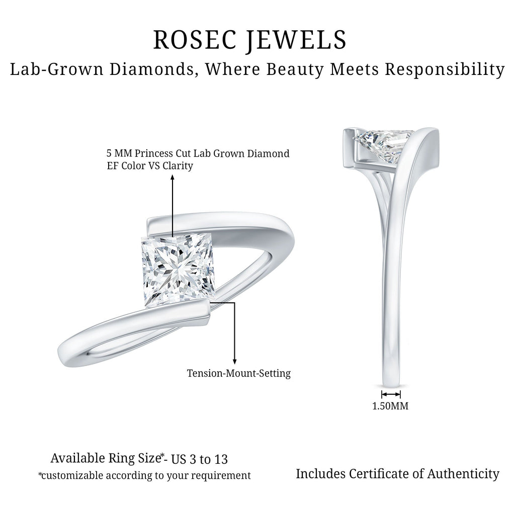 0.8 Carat Princess Cut Lab Grown Diamond Ring With Tension Setting