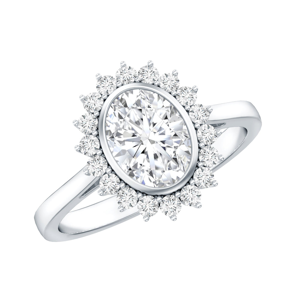 Oval Cut Lab Grown Diamond Halo Engagement Ring in Bezel Setting