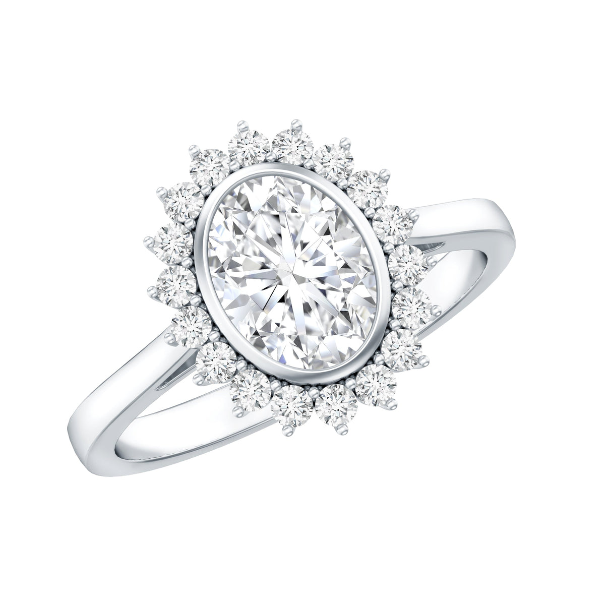 Oval Cut Lab Grown Diamond Halo Engagement Ring in Bezel Setting
