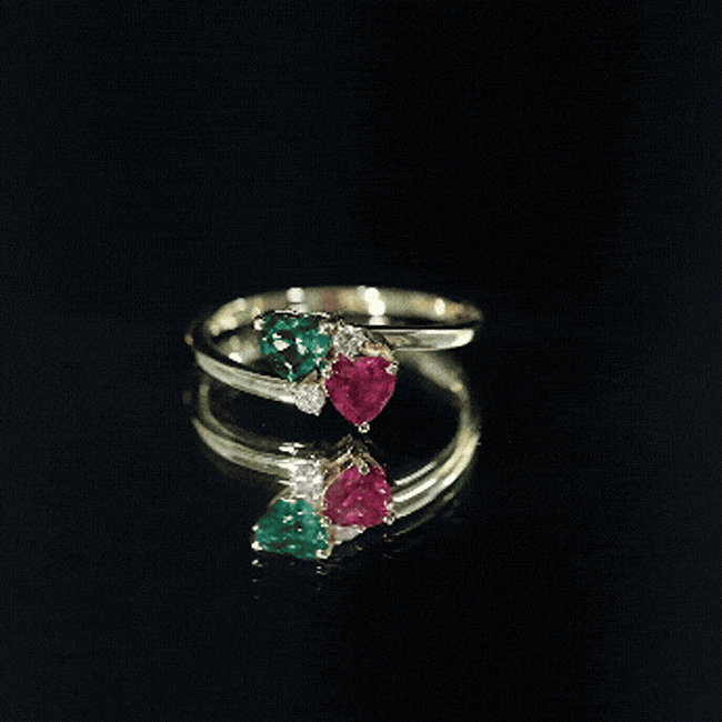 Certified Lab Grown Ruby and Emerald 2 Stone Heart Promise Ring in Silver