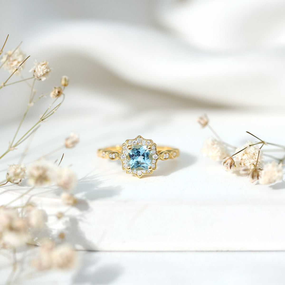 Sky Blue Topaz Vintage Style Engagement Ring with Lab Diamonds