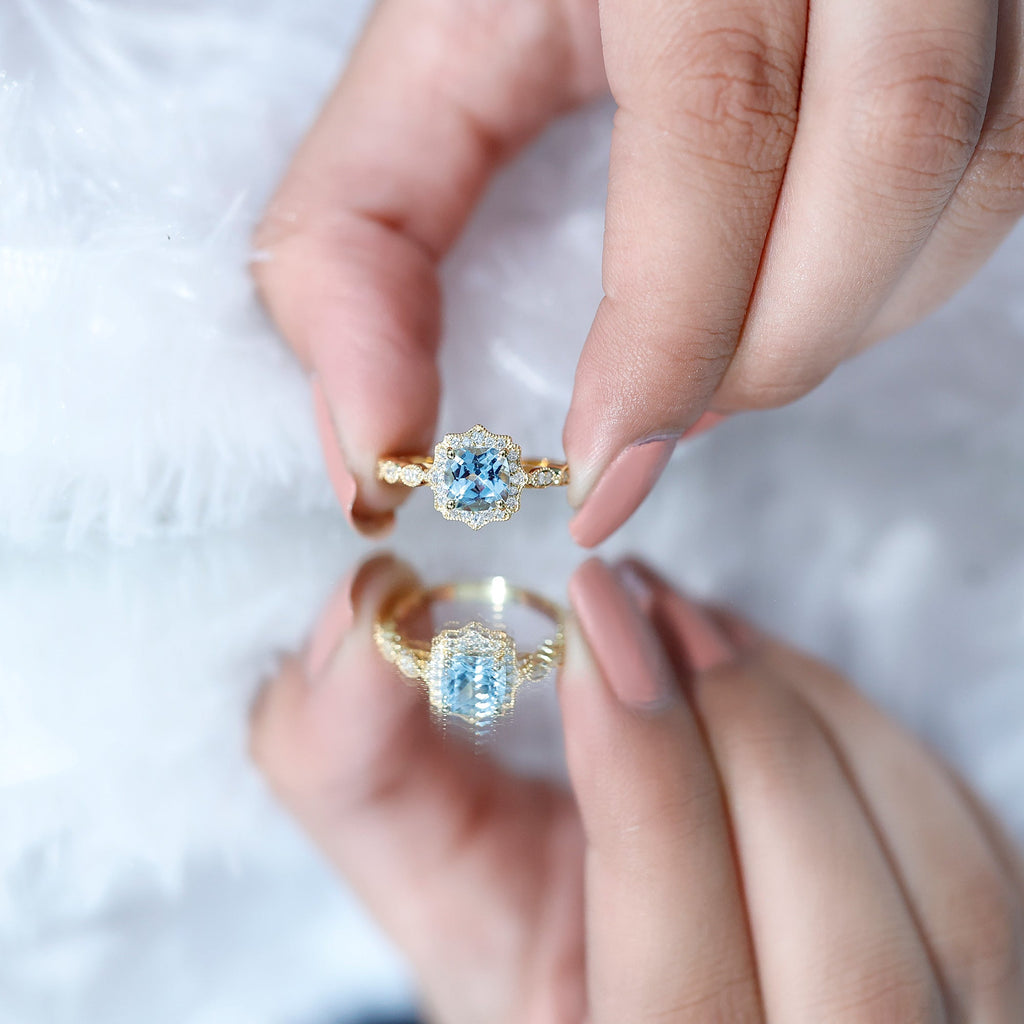 Sky Blue Topaz Vintage Style Engagement Ring with Lab Diamonds