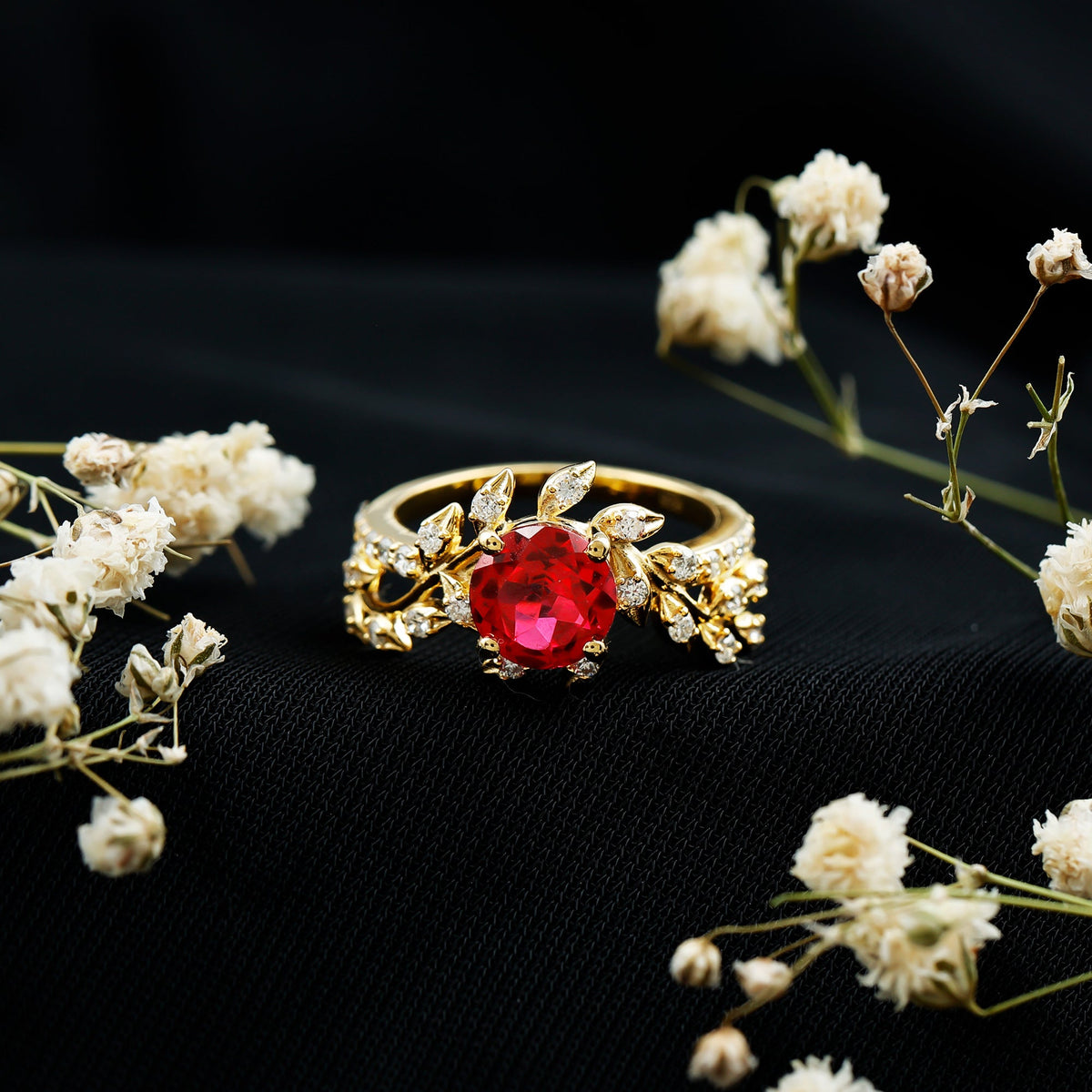 Lab Created Ruby and Diamond Vine Engagement Ring in Silver